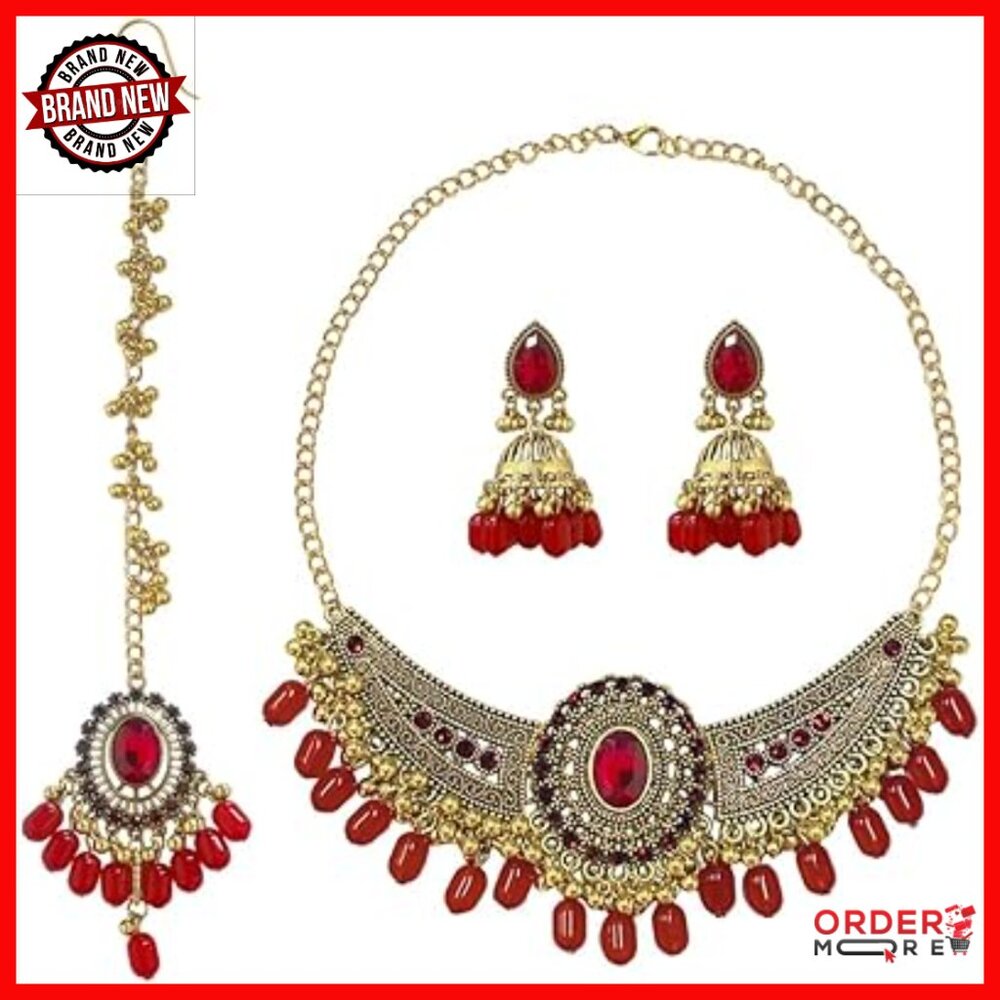 Traditional Maang Tikka Kundan Jewelry Set With Necklace Earrings